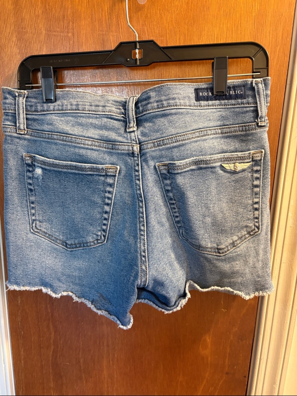 Distressed Blue Denim Cutoff Shorts with Flag Underlay - Picture 3 of 4